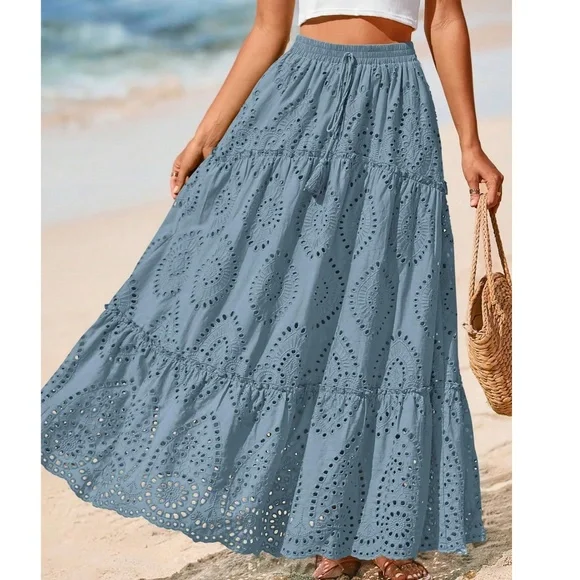 Boho Royal Blue Eyelet Stretchy waist Lined Maxi Skirt - Picture 3 of 12